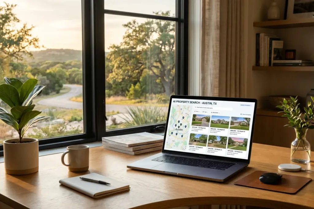 Laptop showing AI-powered Austin real estate search with property listings and Hill Country landscape visible through window