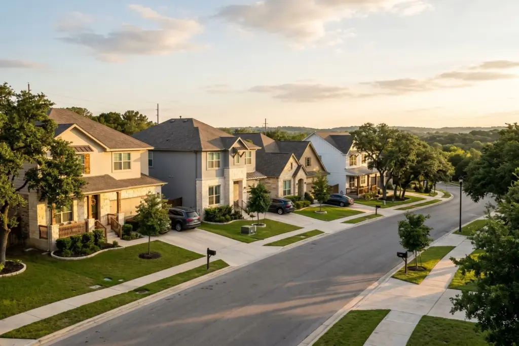 Row of well-maintained single-family rental homes at golden hour in a Texas Hill Country neighborhood showing investment portfolio properties