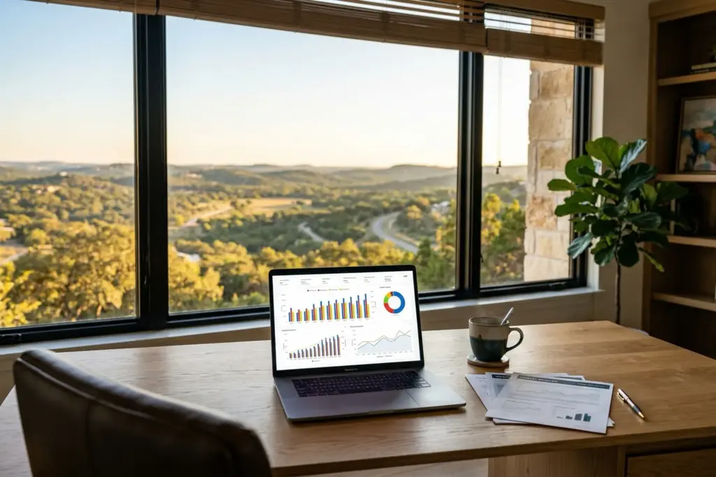 Laptop showing real estate data charts and graphs on a desk with Texas Hill Country view through window at golden hour