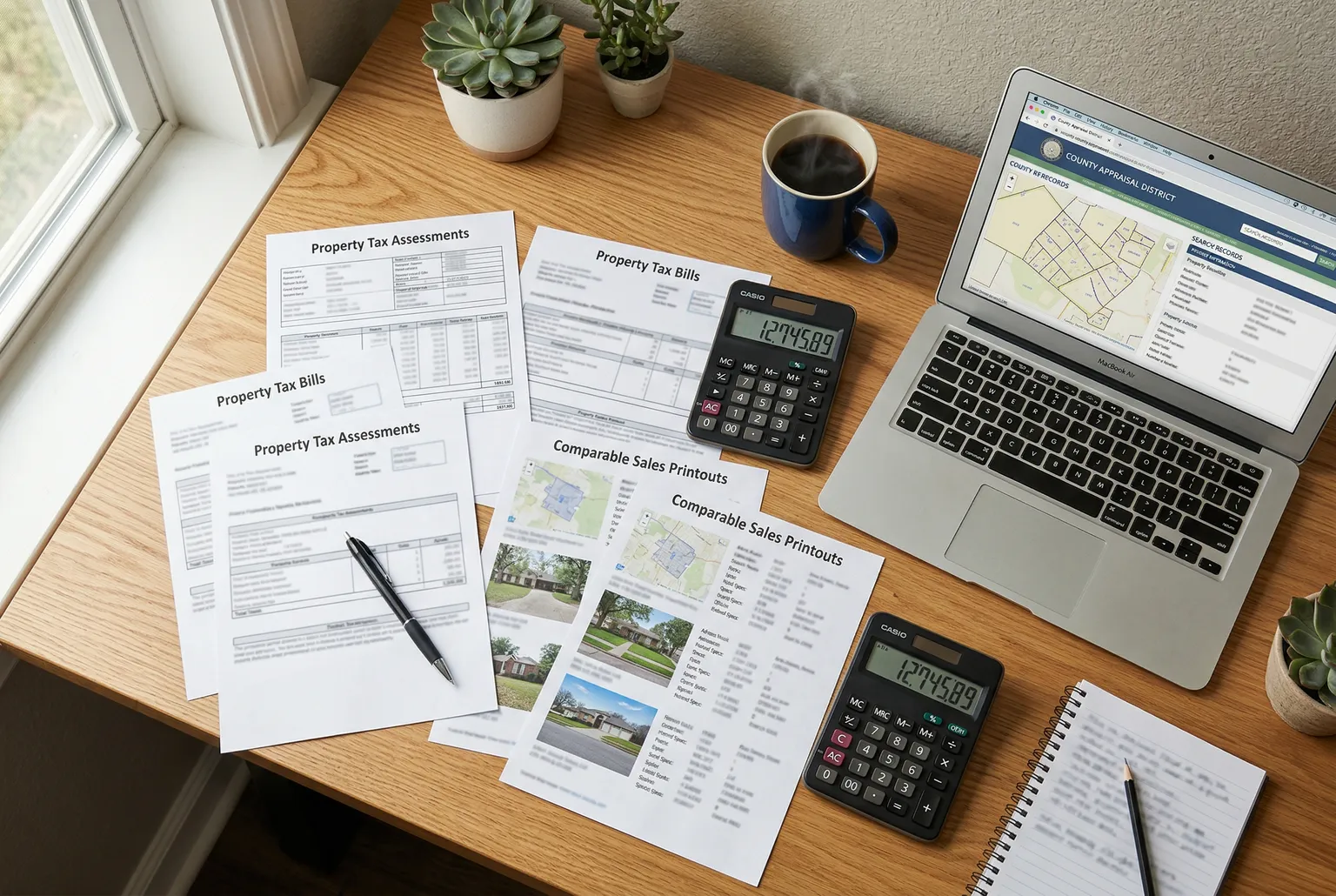 Property tax documents with calculator and comparable sales printouts spread across a desk