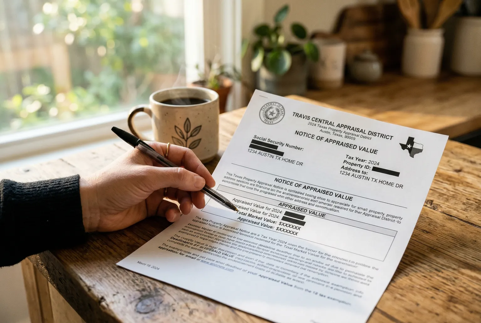 Close-up of a hand reviewing a Texas property appraisal notice on a kitchen counter with morning coffee