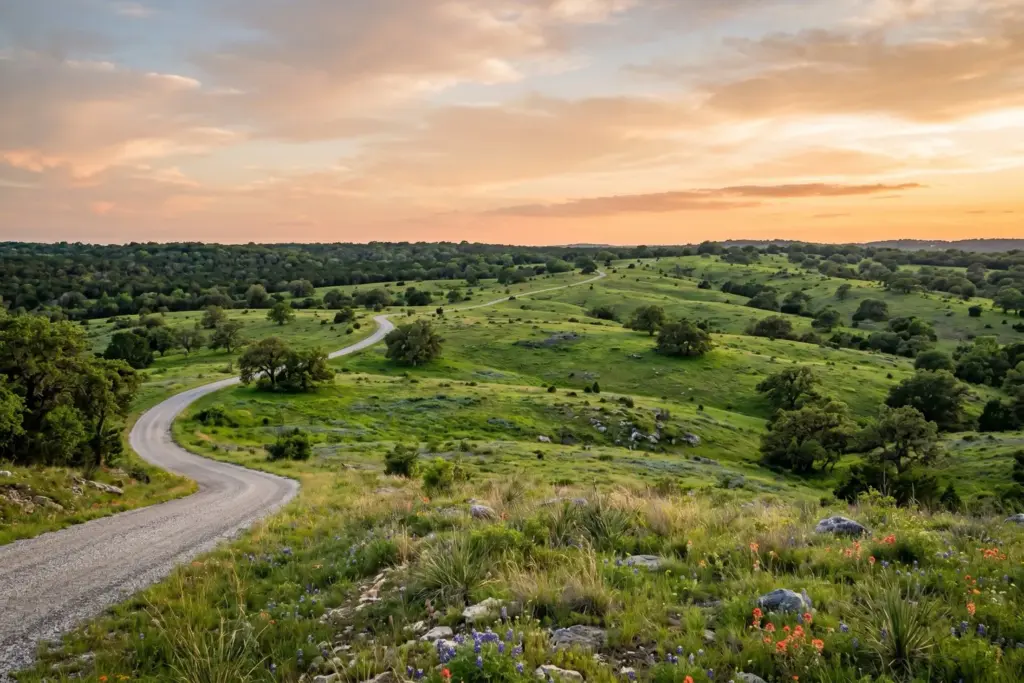 Rolling hills of undeveloped raw land with live oak trees and native grasses in the Texas Hill Country west of Austin at golden hour