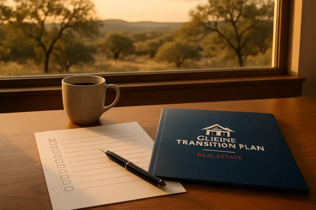Real estate agent desk showing client transition plan checklist with Texas Hill Country landscape through window at golden hour