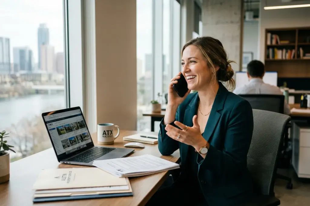 Real estate agent having a personal phone conversation at desk with documents and laptop showing human connection in client communication