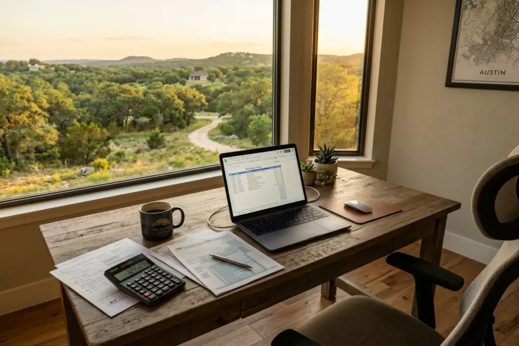 Home office desk with tax forms calculator and laptop showing hours log with Texas Hill Country landscape visible through window
