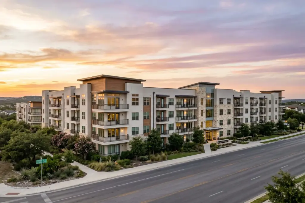 Large modern multifamily apartment complex at golden hour representing a real estate syndication investment property in Texas