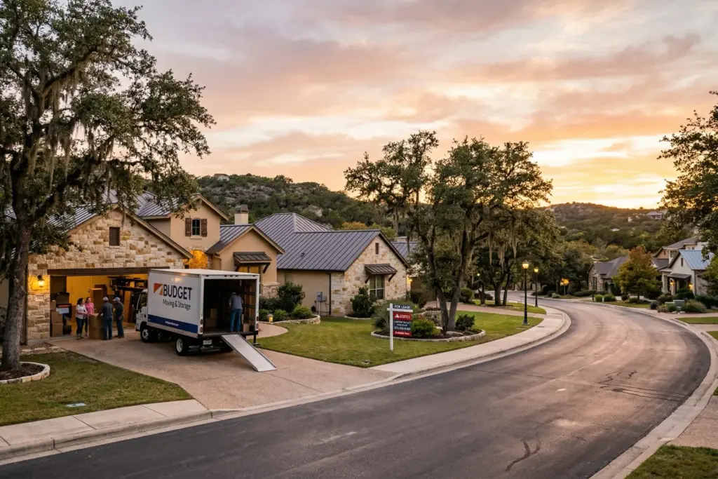 Suburban neighborhood street in the Texas Hill Country at golden hour with stone homes live oak trees and a moving truck