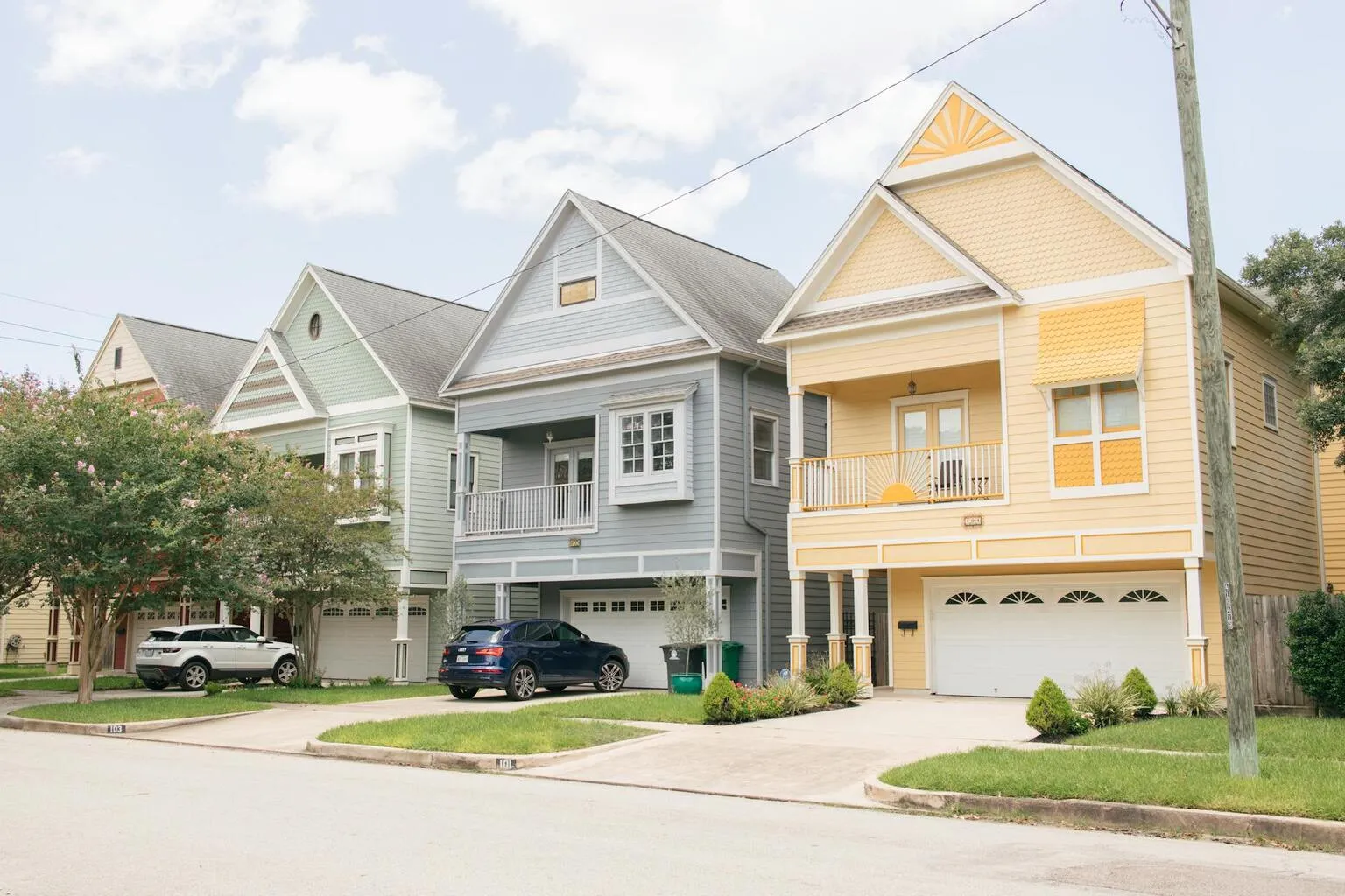 Colorful residential homes in a well-maintained Texas neighborhood