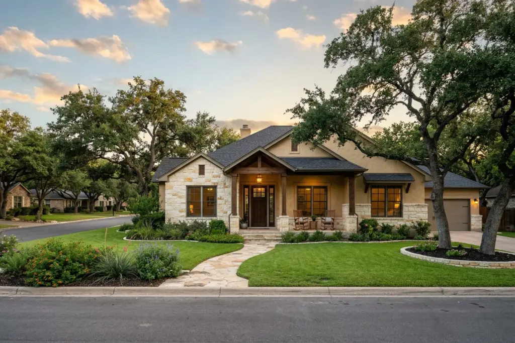 Single-story ranch home in an Austin Texas neighborhood with mature trees
