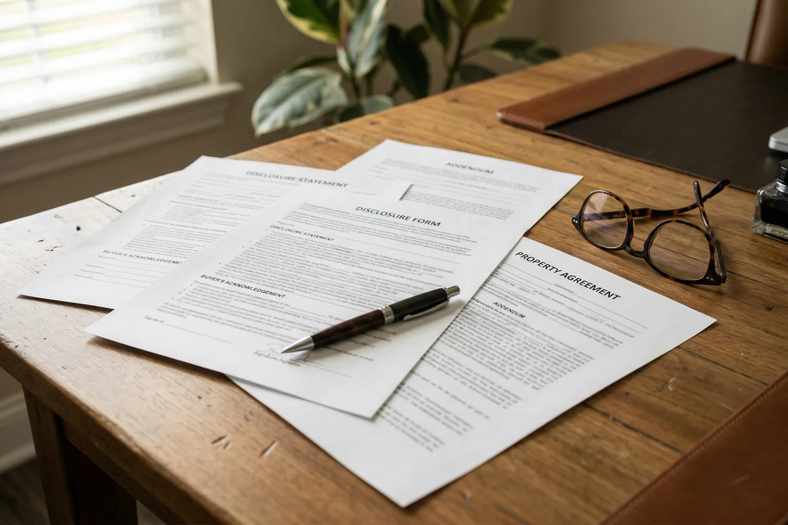 Real estate disclosure paperwork and documents on a wooden desk with a pen and reading glasses