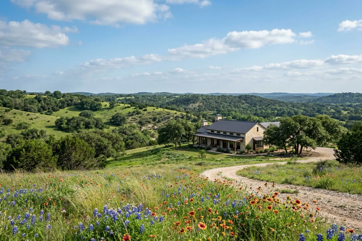 Rolling green hills of the Texas Hill Country west of Austin with a modern home featuring stone accents and metal roof