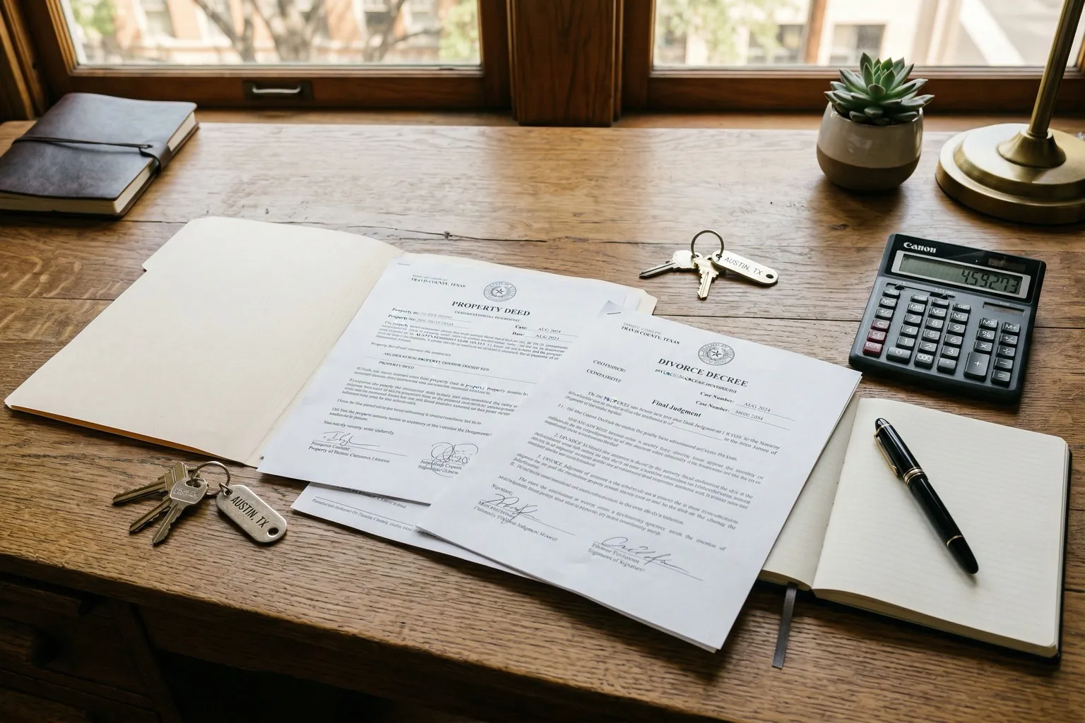 Legal documents, property deed, and house keys on a desk during Texas divorce property division