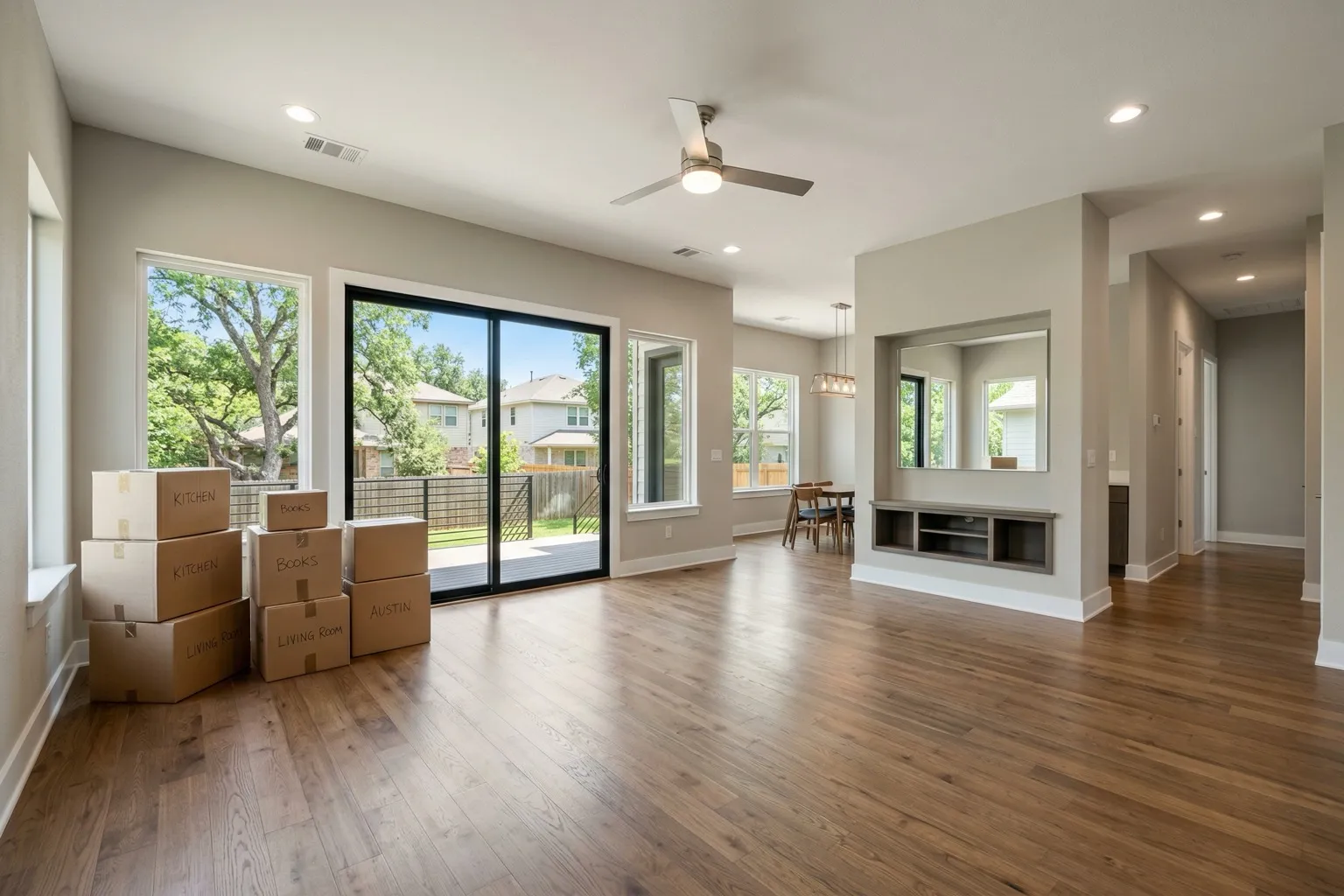 A staged living room in a Texas home with moving boxes, preparing for sale during divorce