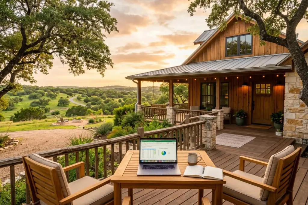 Charming vacation rental home with wraparound porch in the Texas Hill Country with laptop and coffee on porch table at golden hour