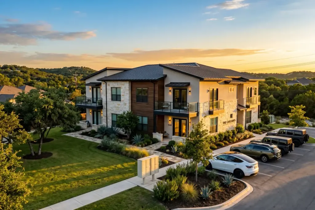 Modern fourplex apartment building at golden hour in Austin Texas illustrating cap rate real estate investment analysis