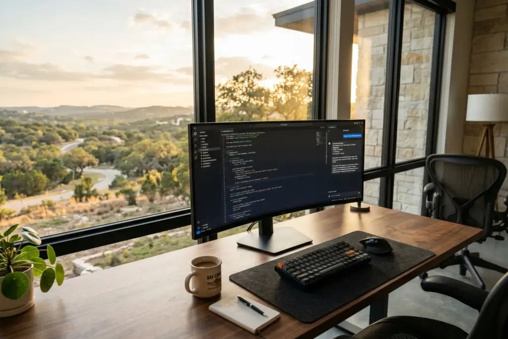 Developer desk with widescreen monitor showing AI code editor with real estate listing data and Texas Hill Country view through window at golden hour