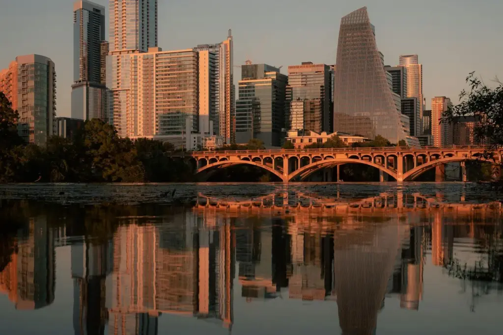 Aerial view of Austin Texas downtown skyline with river and residential neighborhoods