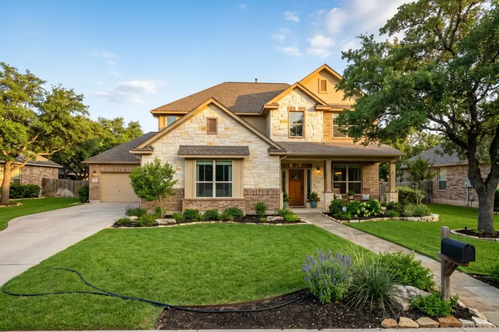 Well maintained Central Texas home in Austin at golden hour with a soaker hose running along the foundation, clean gutters and mature live oaks, illustrating year-round home maintenance