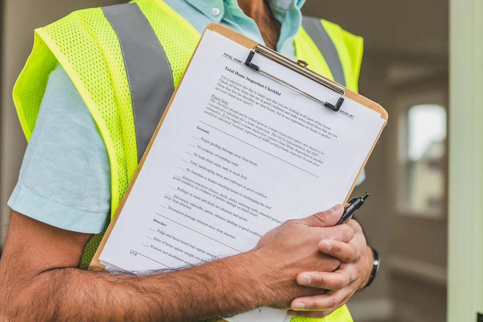 Home inspector in safety vest holding property inspection checklist