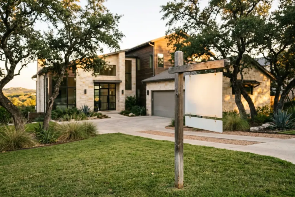 Upscale Austin Texas home at golden hour with a for sale sign showing the property has been on the market awhile, illustrating the cost of overpricing in Travis County