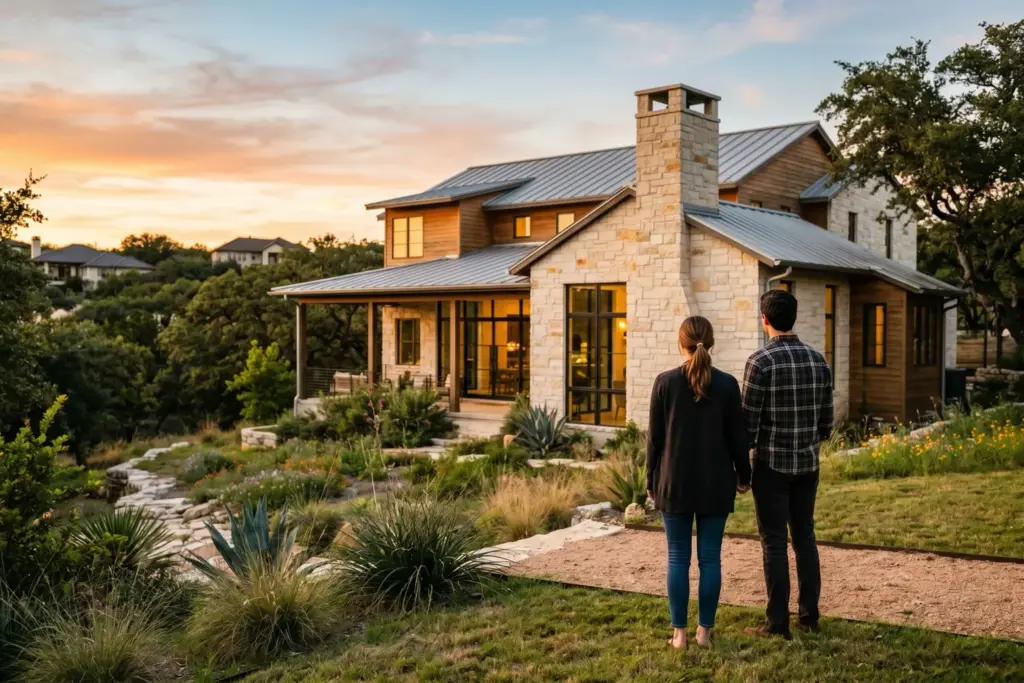 Upscale modern home exterior in Austin Texas Hill Country at golden hour with a couple in the front yard considering a move up purchase