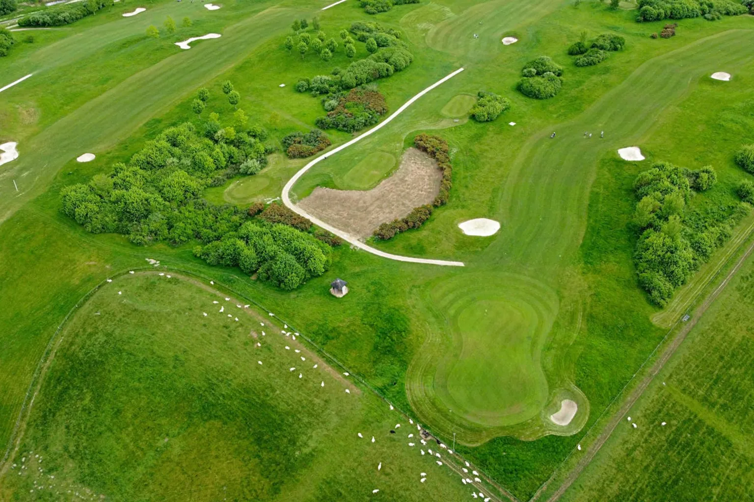 Aerial view of a scenic golf course with green fairways surrounded by trees