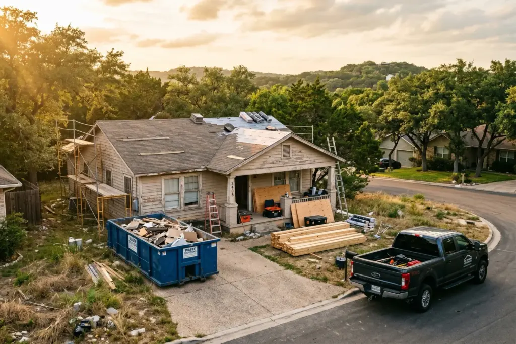 Distressed house undergoing renovation in Austin Texas Hill Country with construction materials and contractor truck at golden hour