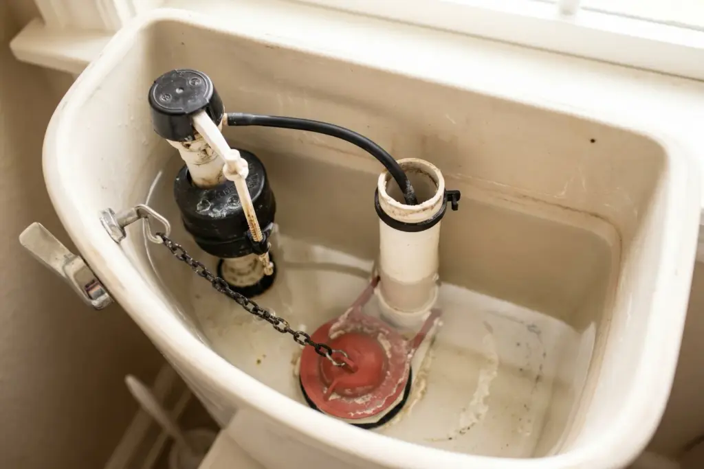 Close-up overhead view of a residential toilet tank interior showing the red rubber flapper, white overflow tube, fill valve, and chain in a typical Austin Texas home