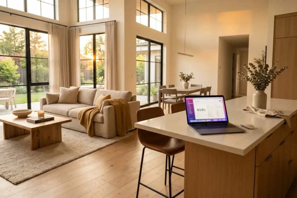 Bright modern staged living room at golden hour with an open laptop on the kitchen island representing a homeowner using AI to prepare to sell their house