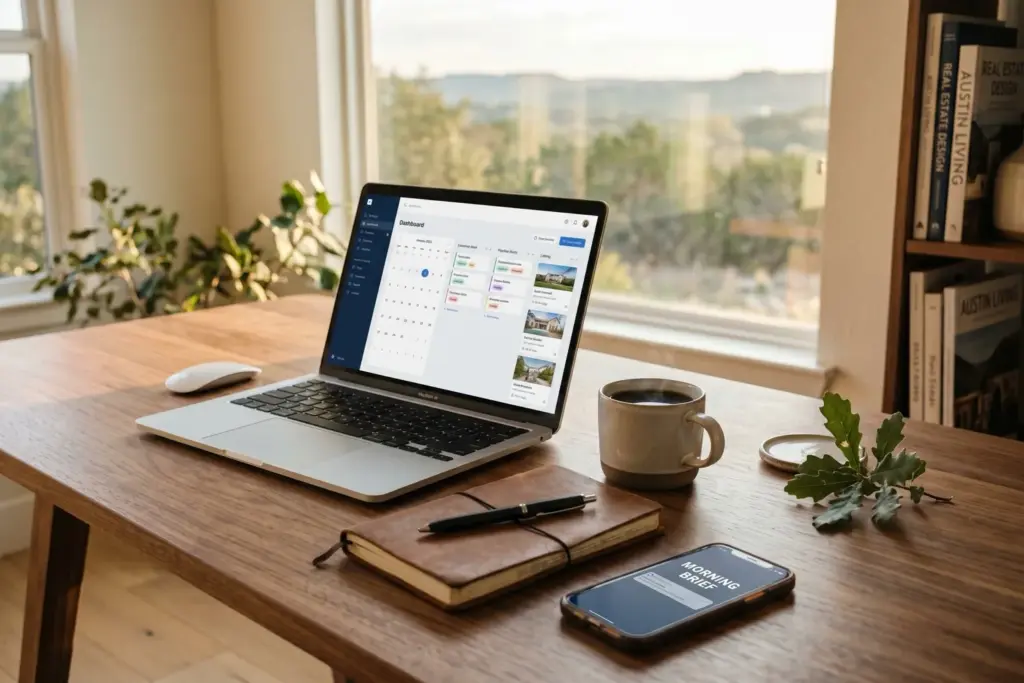 Real estate agent home office in Austin with laptop showing a morning brief dashboard, coffee, notebook, and a phone with a Morning Brief notification