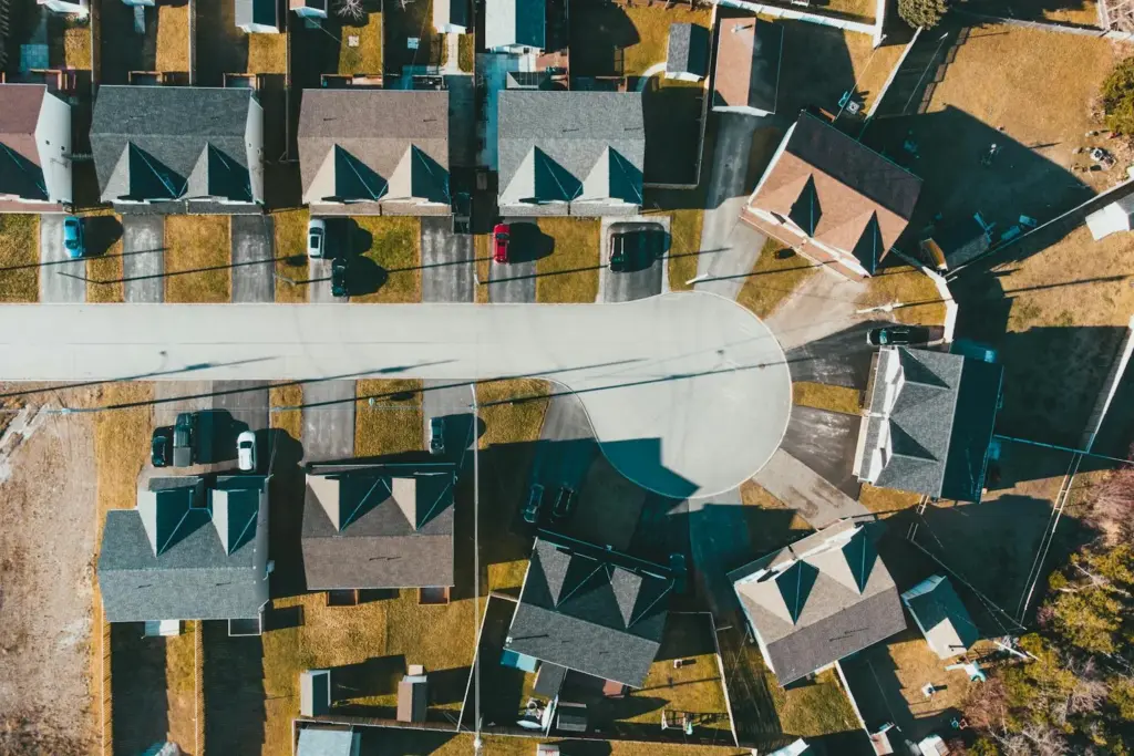 Aerial view of suburban homes in a Texas residential neighborhood