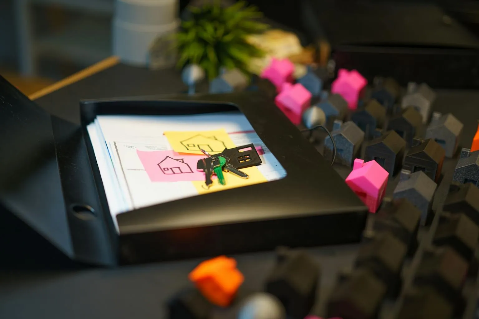 House keys, documents, and small house models on a desk representing real estate transactions