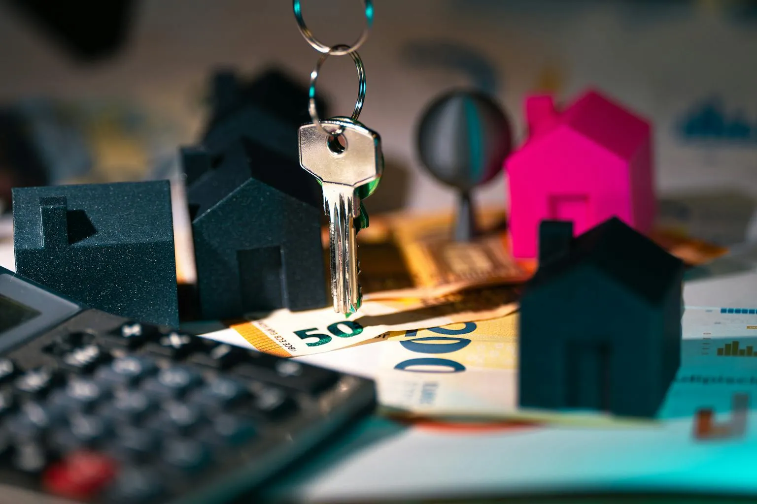 Keys, calculator, and model houses representing short-term rental investment analysis