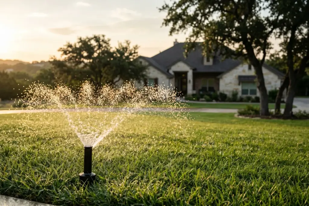 In-ground lawn sprinkler spraying water across a green residential lawn at golden hour in a suburban Austin Texas Hill Country neighborhood