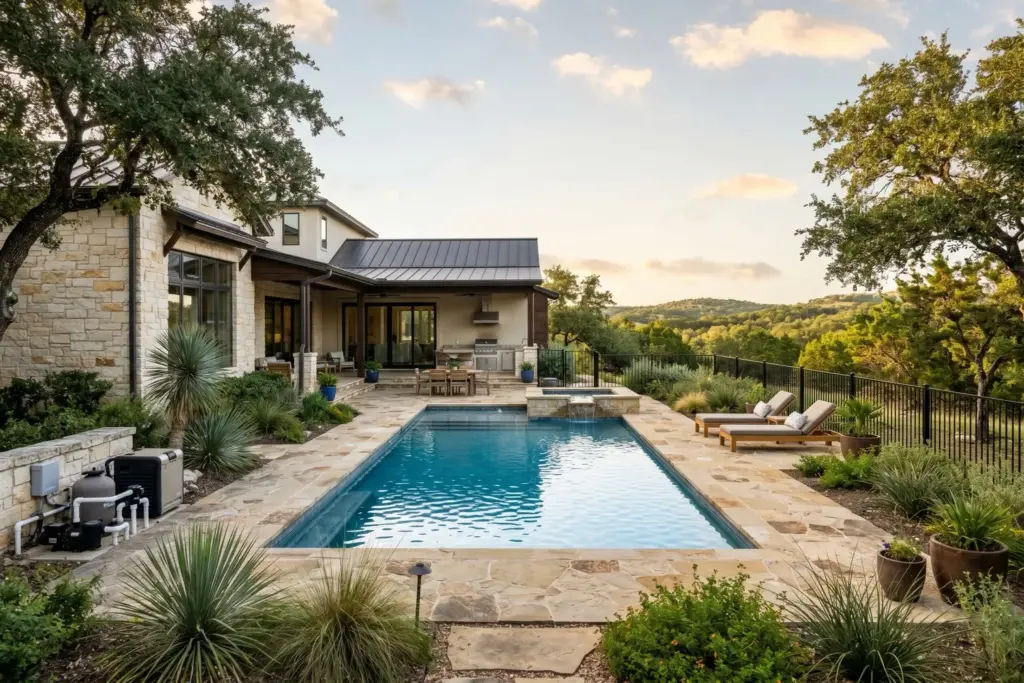 In-ground swimming pool with flagstone deck, equipment pad, and safety fence behind a limestone Hill Country home in the western Austin Texas suburbs at golden hour