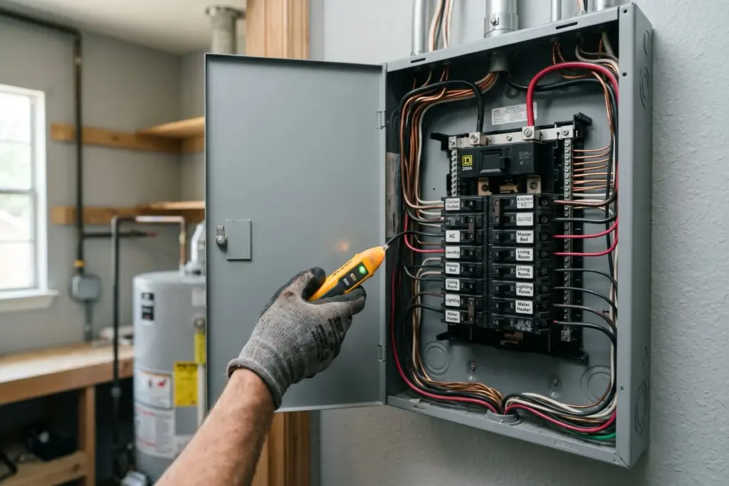 Licensed electrician using a voltage tester on an open labeled 200-amp residential electrical breaker panel in an Austin Texas home