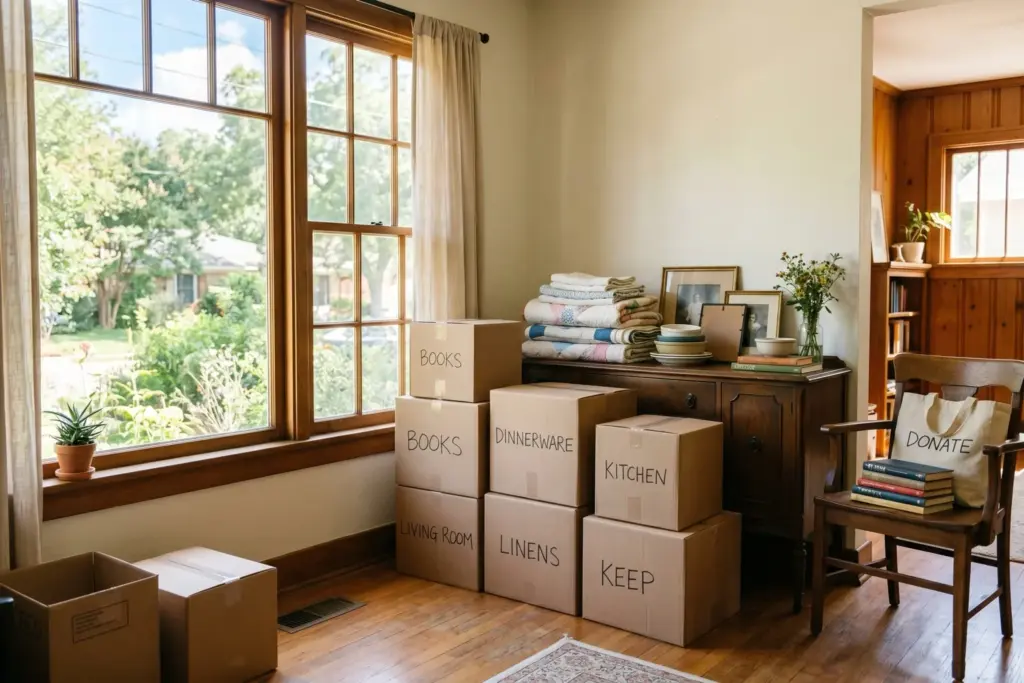 Sunlit room with organized moving boxes during a home cleanout before selling in Austin Texas