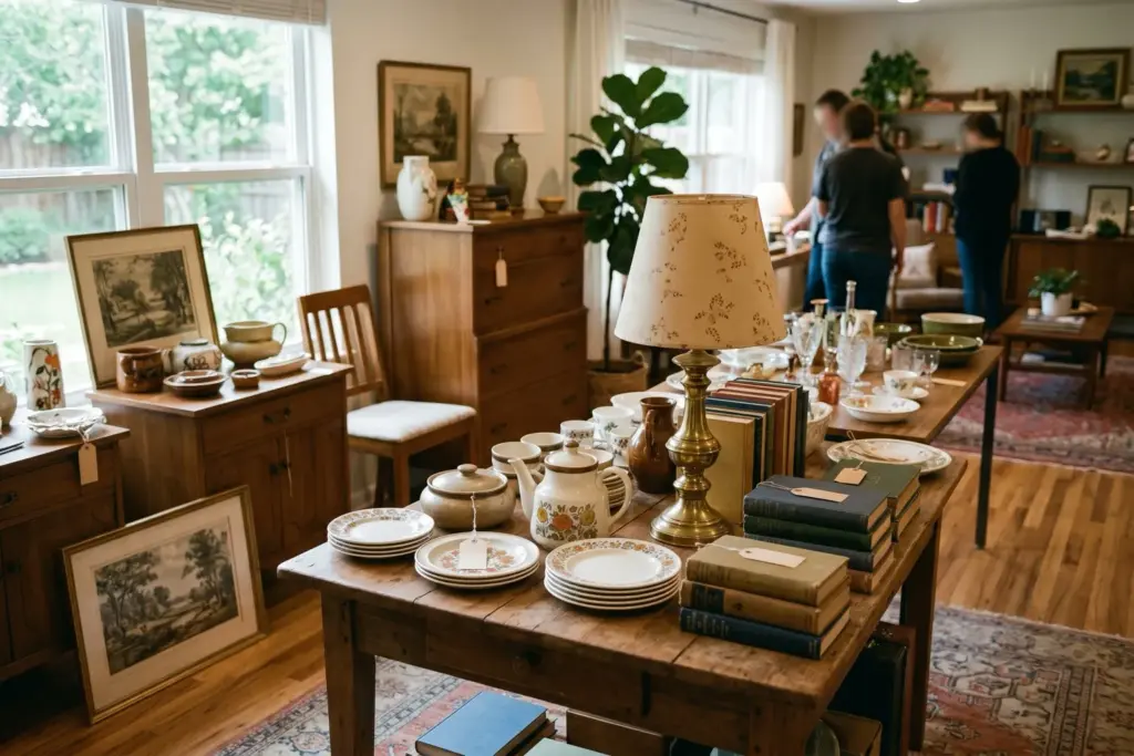 Organized estate sale with tables of vintage household items inside a Central Texas home in natural light