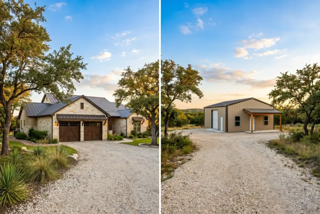 An attached garage and a separate detached metal workshop on an acre lot near Austin Texas