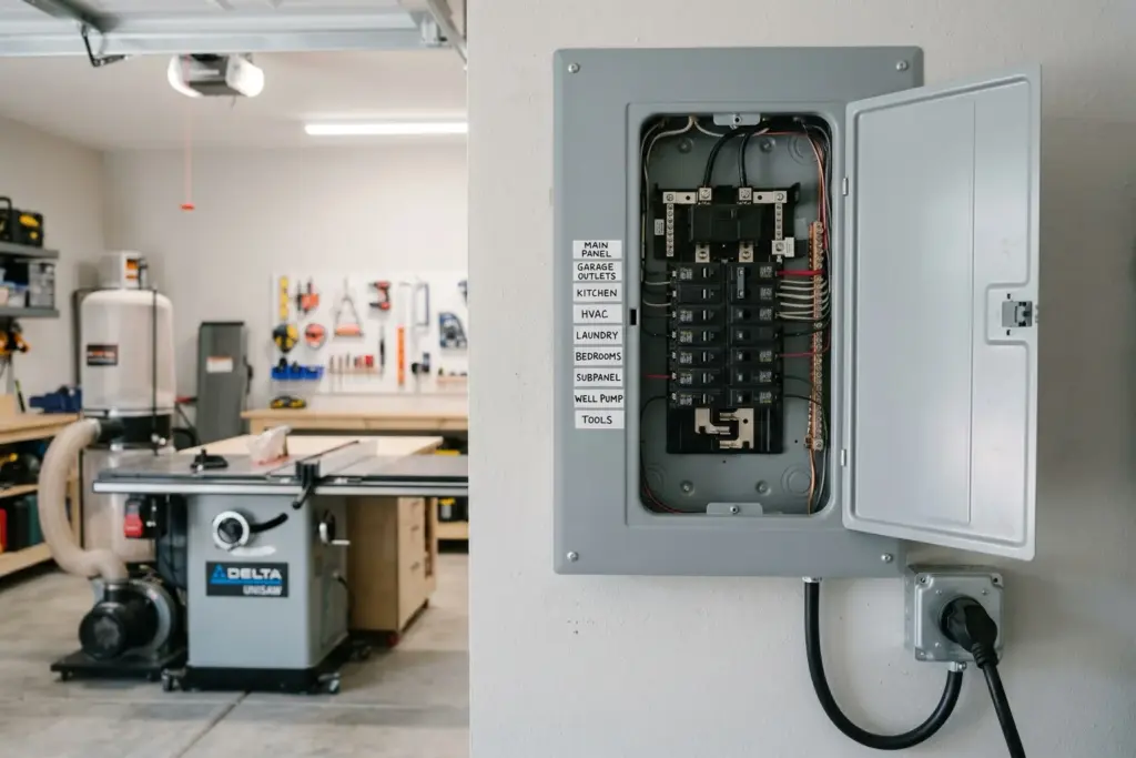 Open residential breaker panel on a garage wall with a 240-volt outlet for a home woodworking shop in Austin Texas
