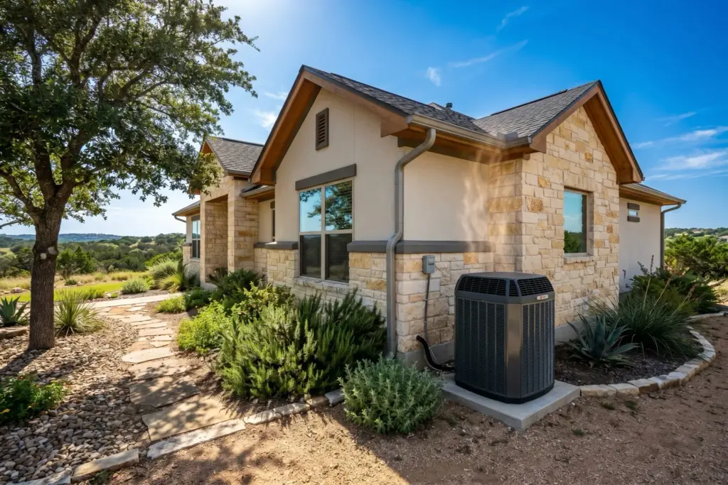 Outdoor air conditioner condenser unit beside a Hill Country home in Austin Texas on a hot summer day with heat haze and blue sky