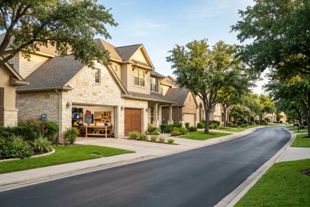 Tidy suburban Austin Texas HOA neighborhood street with an open garage revealing an organized home workshop