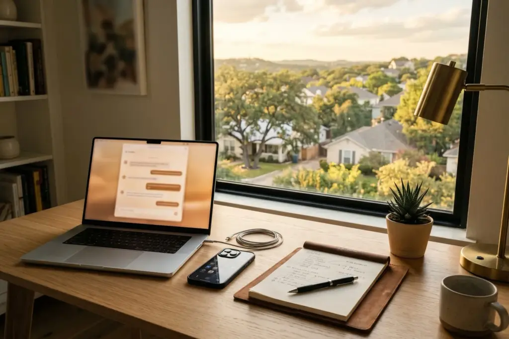 Home office desk with a laptop showing an AI chat assistant and a view of an Austin Texas neighborhood, illustrating how to use AI to sell a home
