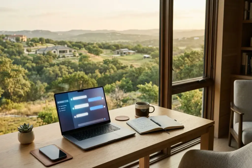 Laptop showing an AI chat interface on a home office desk overlooking the Texas Hill Country west of Austin, illustrating how to use AI to pick a Realtor