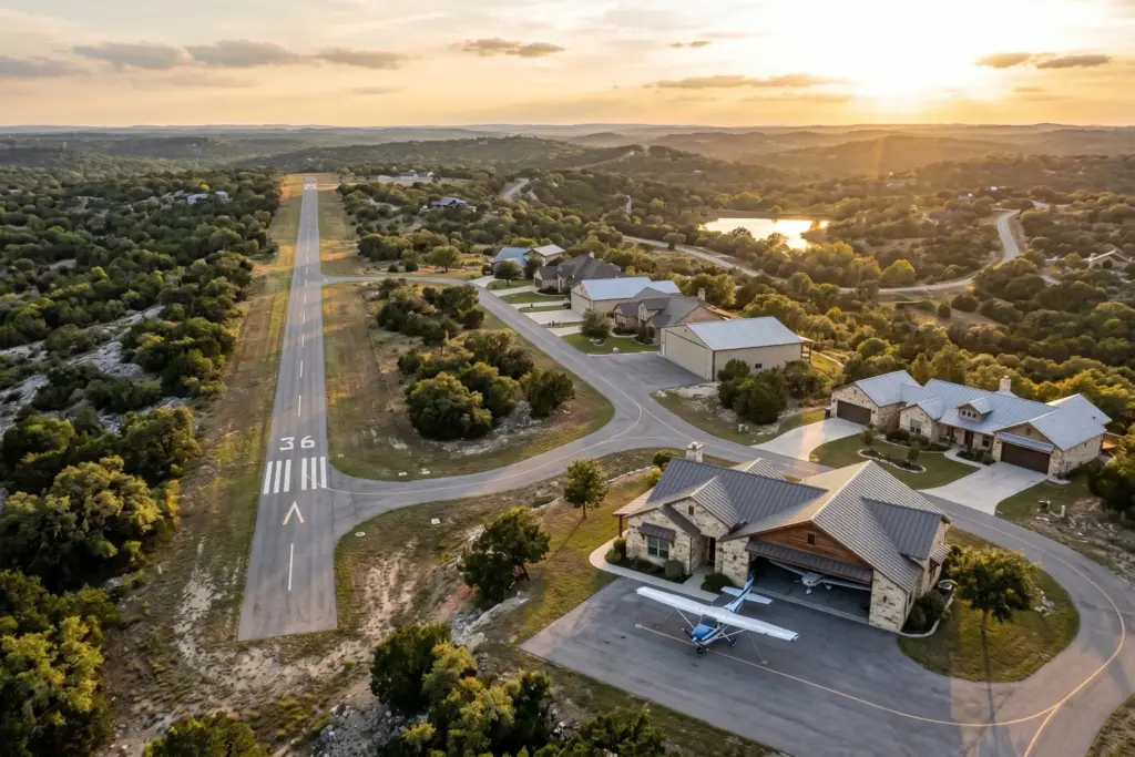 Aerial view of Mt Sharp Airpark private concrete runway and hangar homes in the Texas Hill Country near Wimberley at golden hour