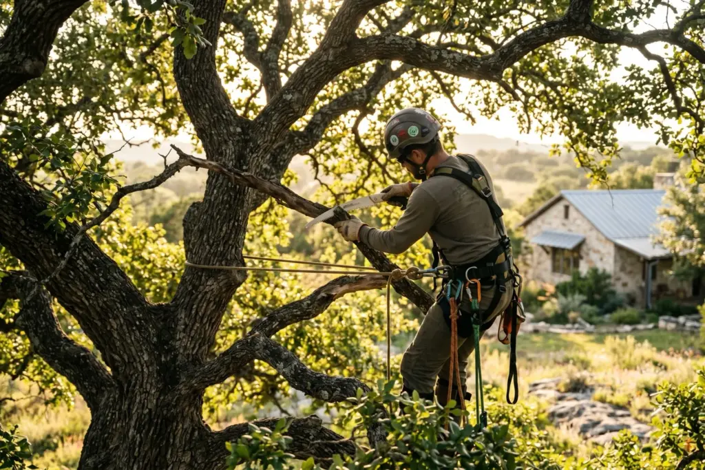 Certified arborist in a harness pruning a mature live oak tree in the Texas Hill Country west of Austin, with a limestone home in the background
