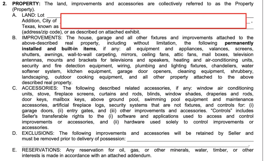 Texas real estate contract Paragraph 2 showing above ground pool listed as a conveying accessory with the exclusions line blank.