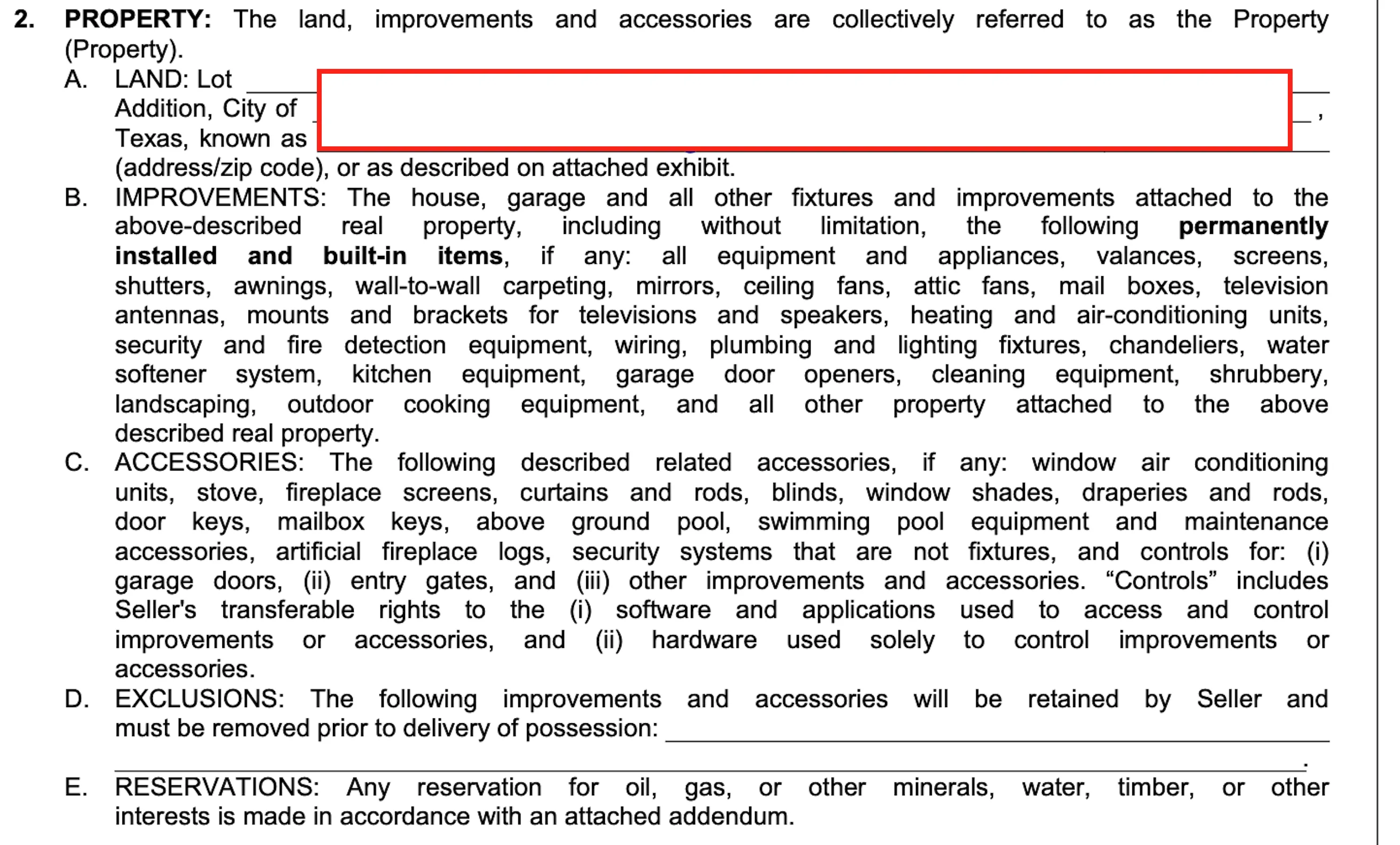 Texas real estate contract Paragraph 2 showing above ground pool listed as a conveying accessory with the exclusions line blank.
