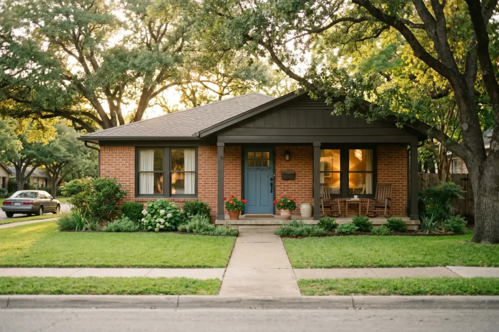 Warm brick ranch home in Austin Texas at golden hour, representing a parents home being inherited by adult children