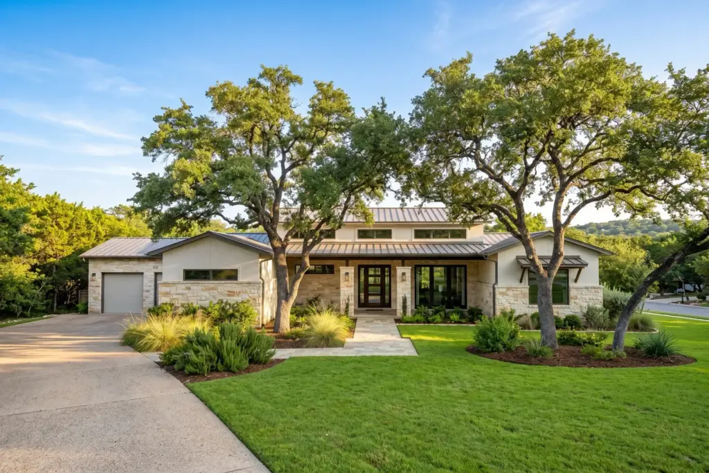 Modern limestone Hill Country home with live oak trees on a sunny summer morning in a residential neighborhood west of Austin Texas